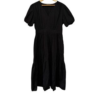French Connection Black 100% Cotton Tiered Midi Dress XL Puffed Sleeve Flowy